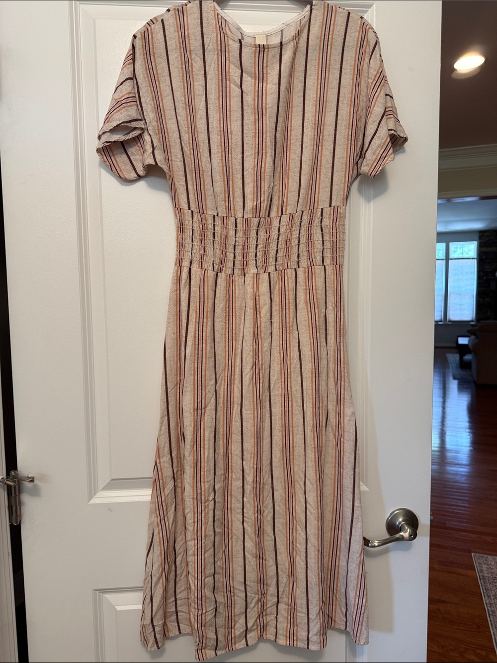 Striped Beige Midi Dress with Smocked Waist